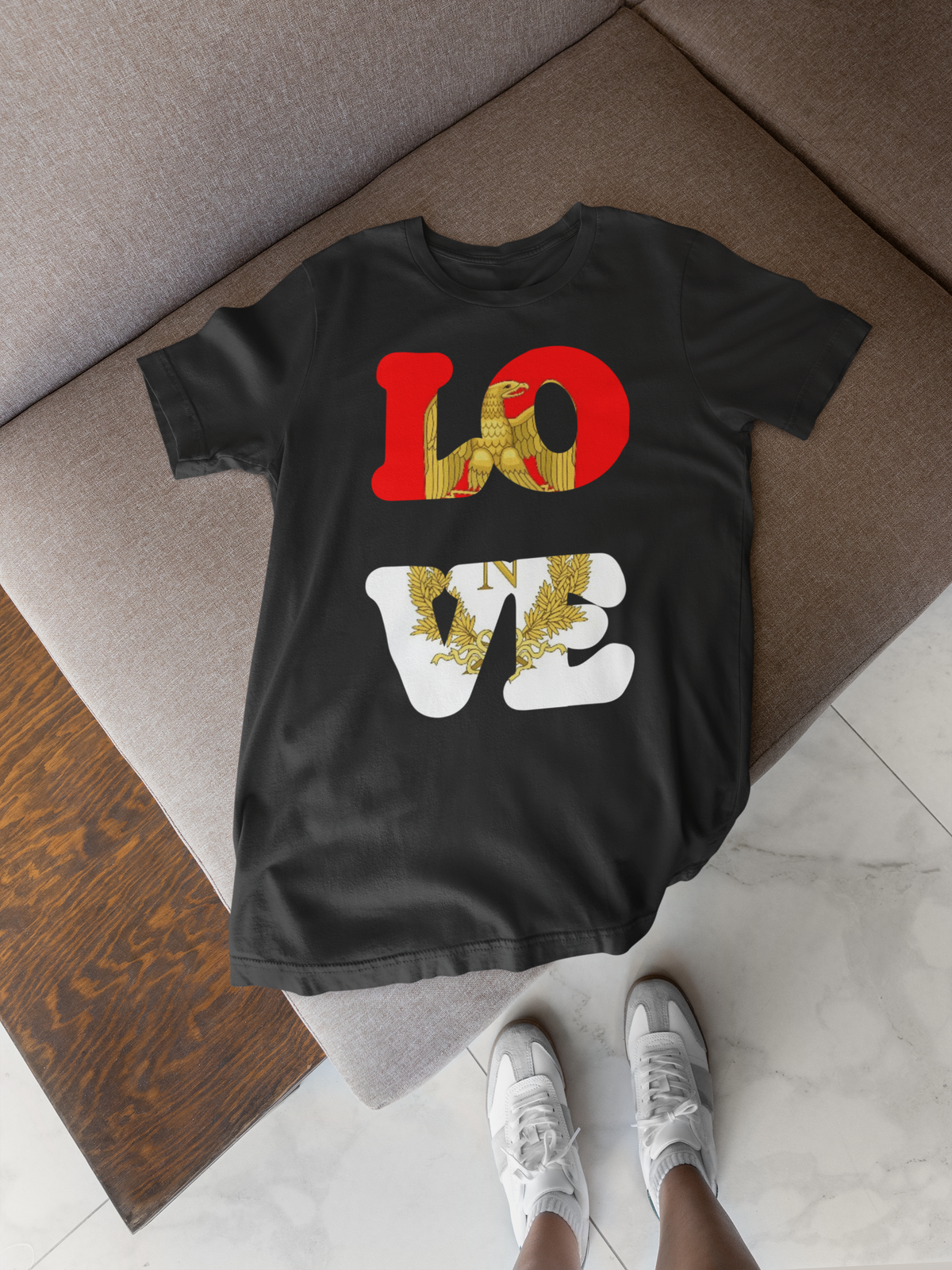'LOVE Listenbourg' flag t-shirt in black, flat lay lifestyle setting