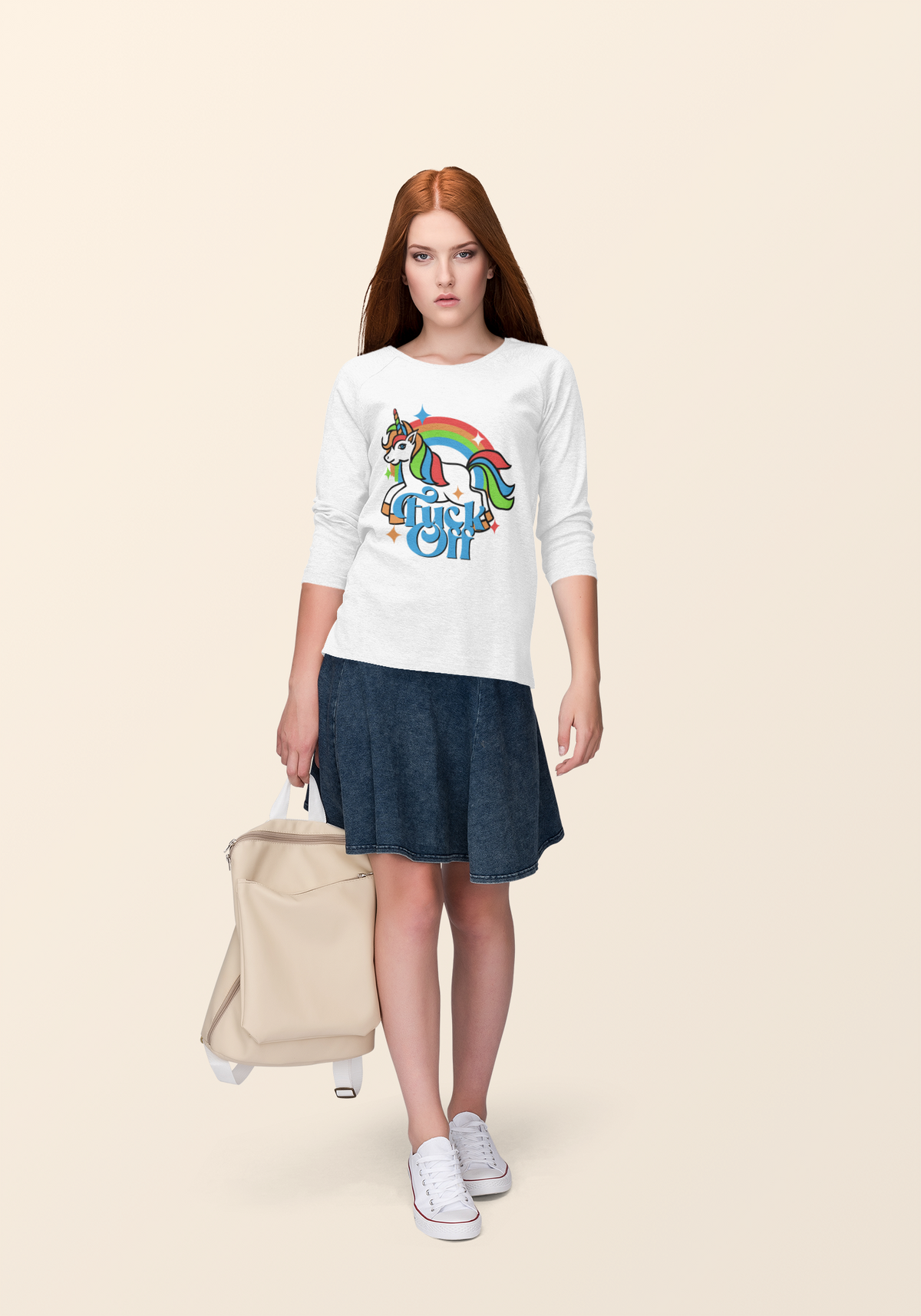 F Off Sweatshirt in white, woman wearing it with skirt, lifestyle sarcastic unicorn sweatshirt