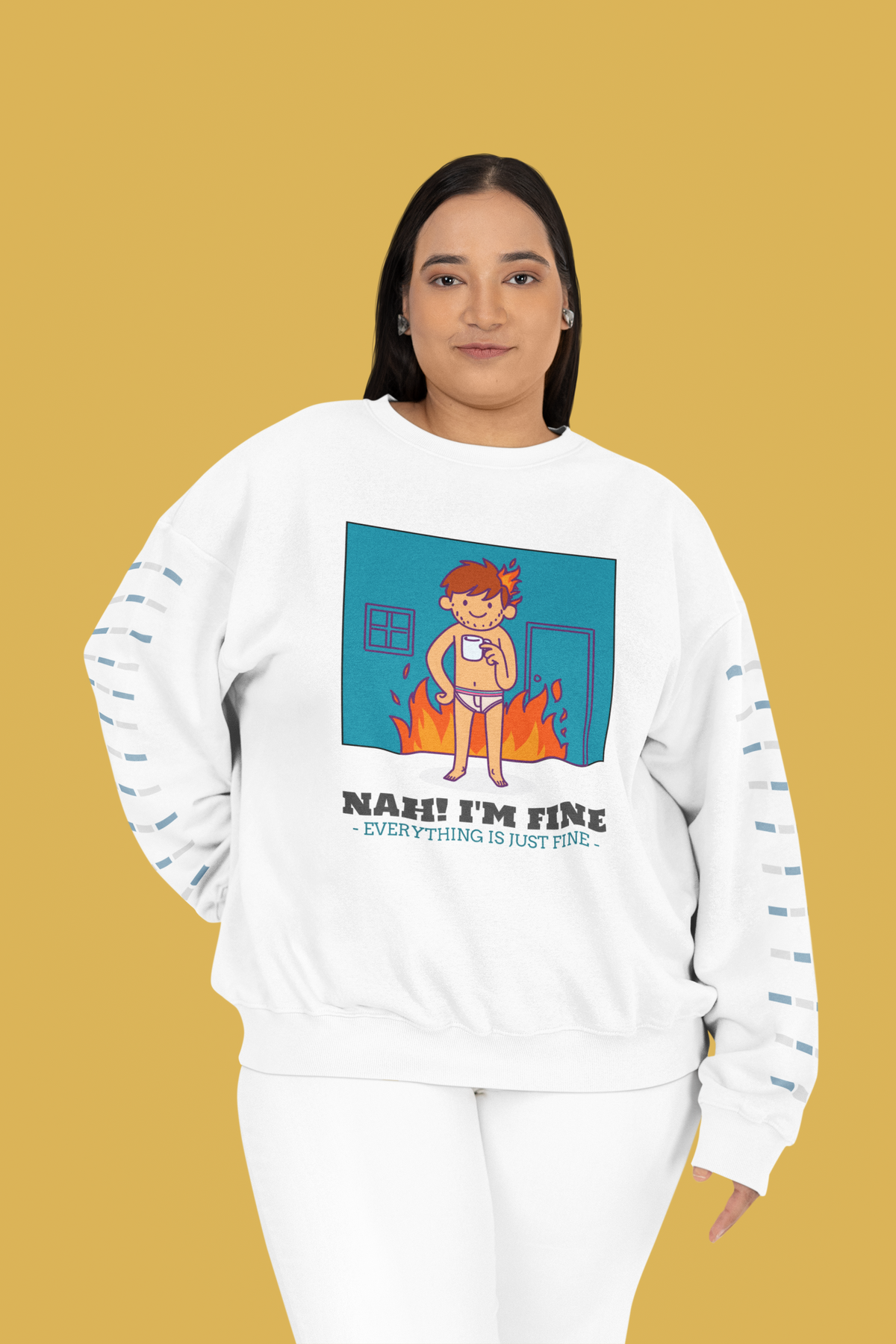'Nah! I'm Fine' this is fine meme sweatshirt in white, woman wearing it, yellow background, funny gift