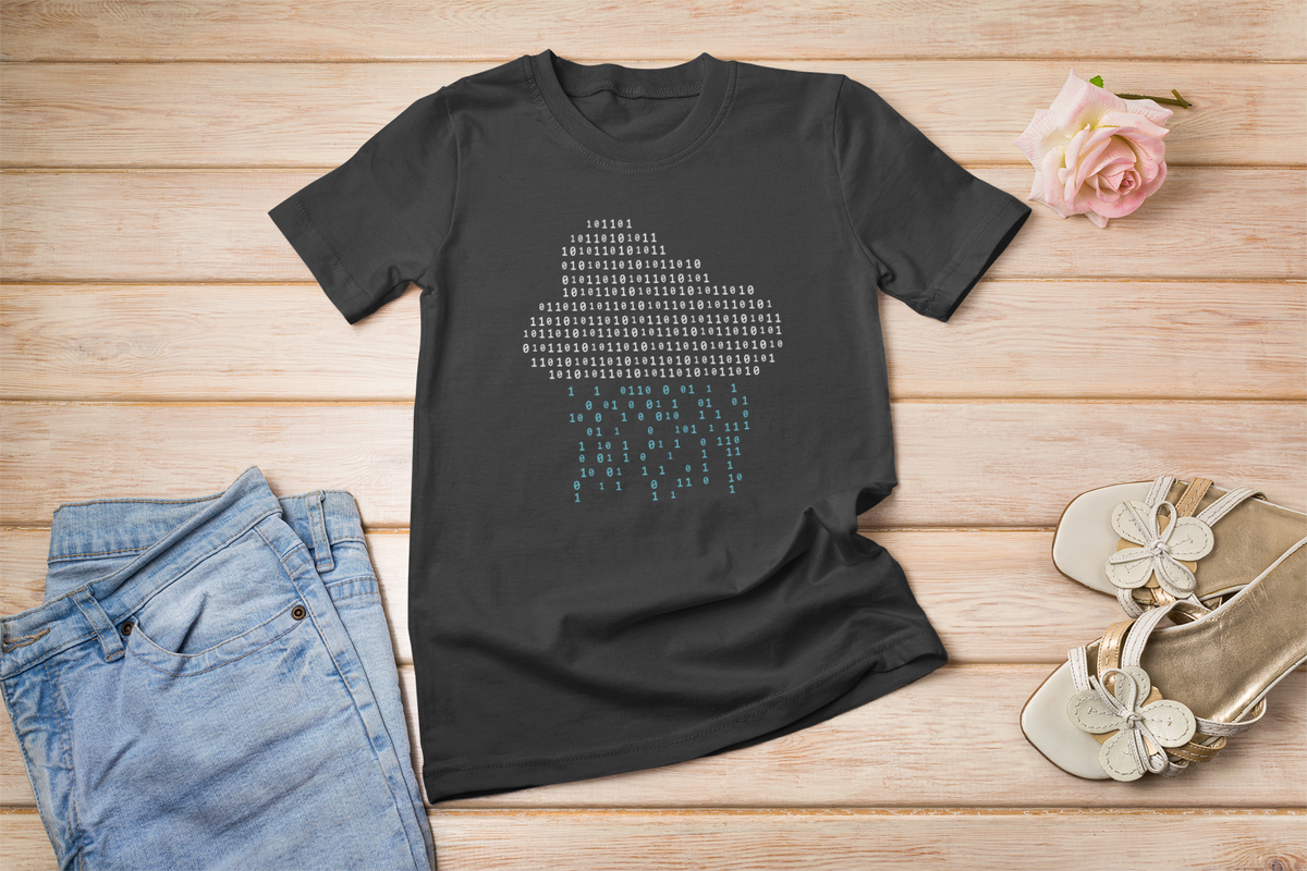 ‘Binary Rain Cloud’ black tee, flat lay on wooden surface with rose, funny developer gift