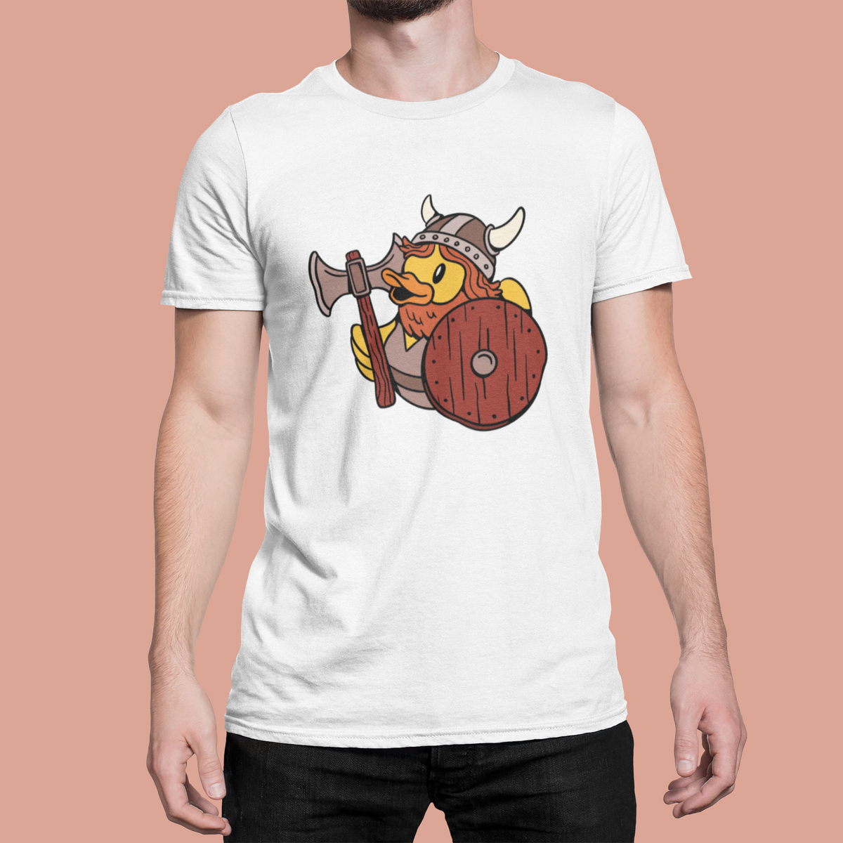 Viking duck t-shirt in white, man model wearing it against a peach background, funny warrior animal gift
