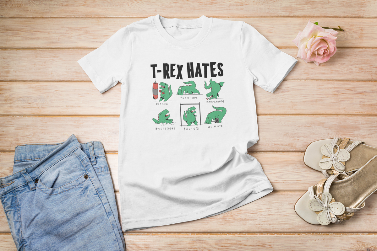 T-Rex Hates Organic T-Shirt | Funny Dinosaur Short Arms Humor | Geekpsters