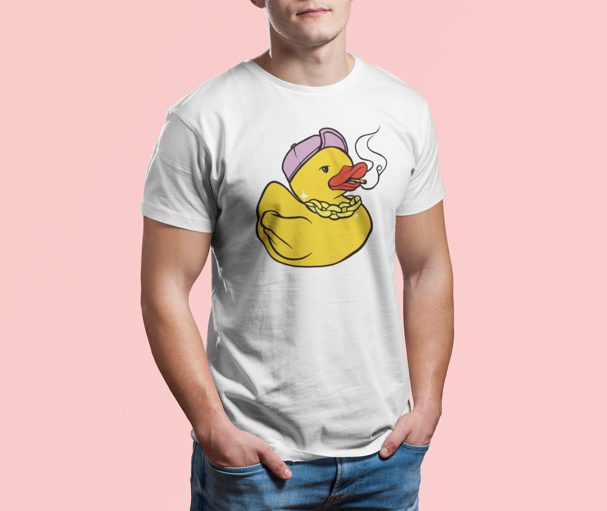 Punk duck t-shirt in white, man model wearing it against a pink background, funny quirky animal gift