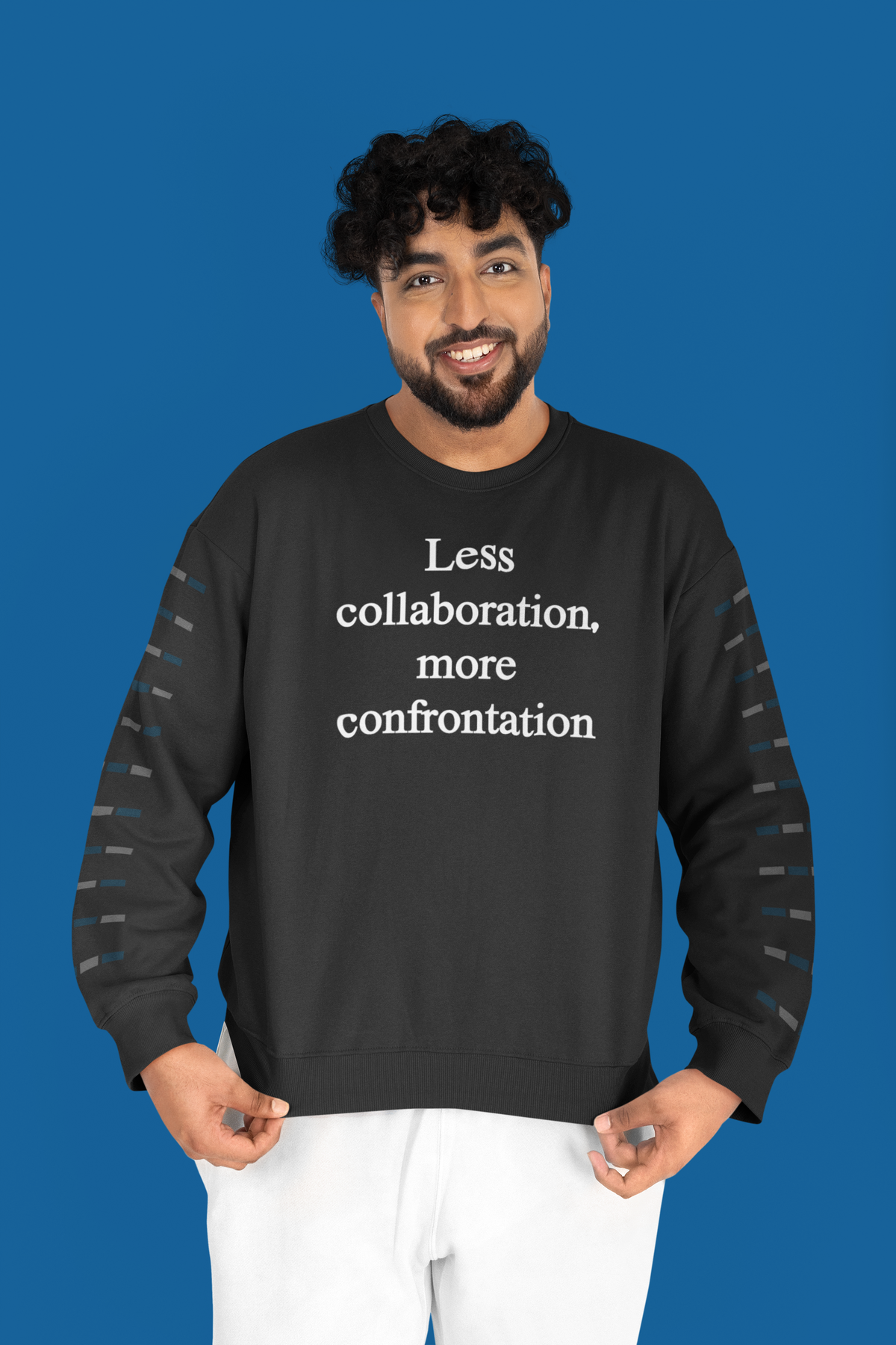 'Less Collaboration More Confrontation' sweatshirt in black, man on blue background, funny office gift