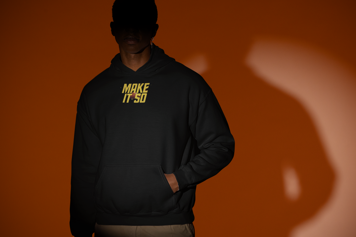 'Make It So Hoodie' in black, man under a spotlight, Hoodie mockup, Geekpsters