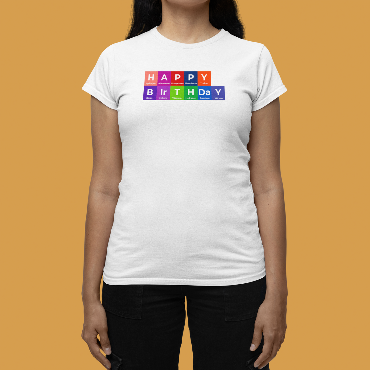 'Happy Birthday' periodic table women's tee in white, woman wearing it, funny science pun birthday gift