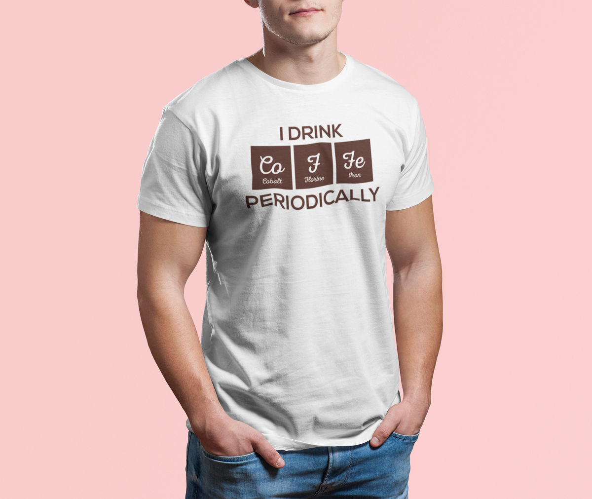 "I Drink Coffee Periodically" periodic table t-shirt in white, man wearing it on pink background, funny coffee gift