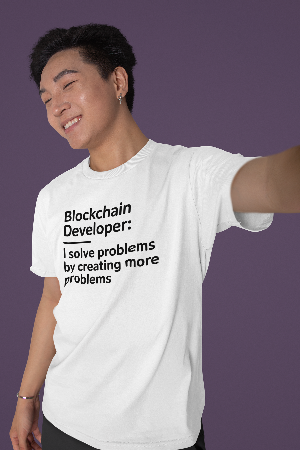 'Blockchain Developer' oversized tee in white, man wearing it selfie style, funny developer gift