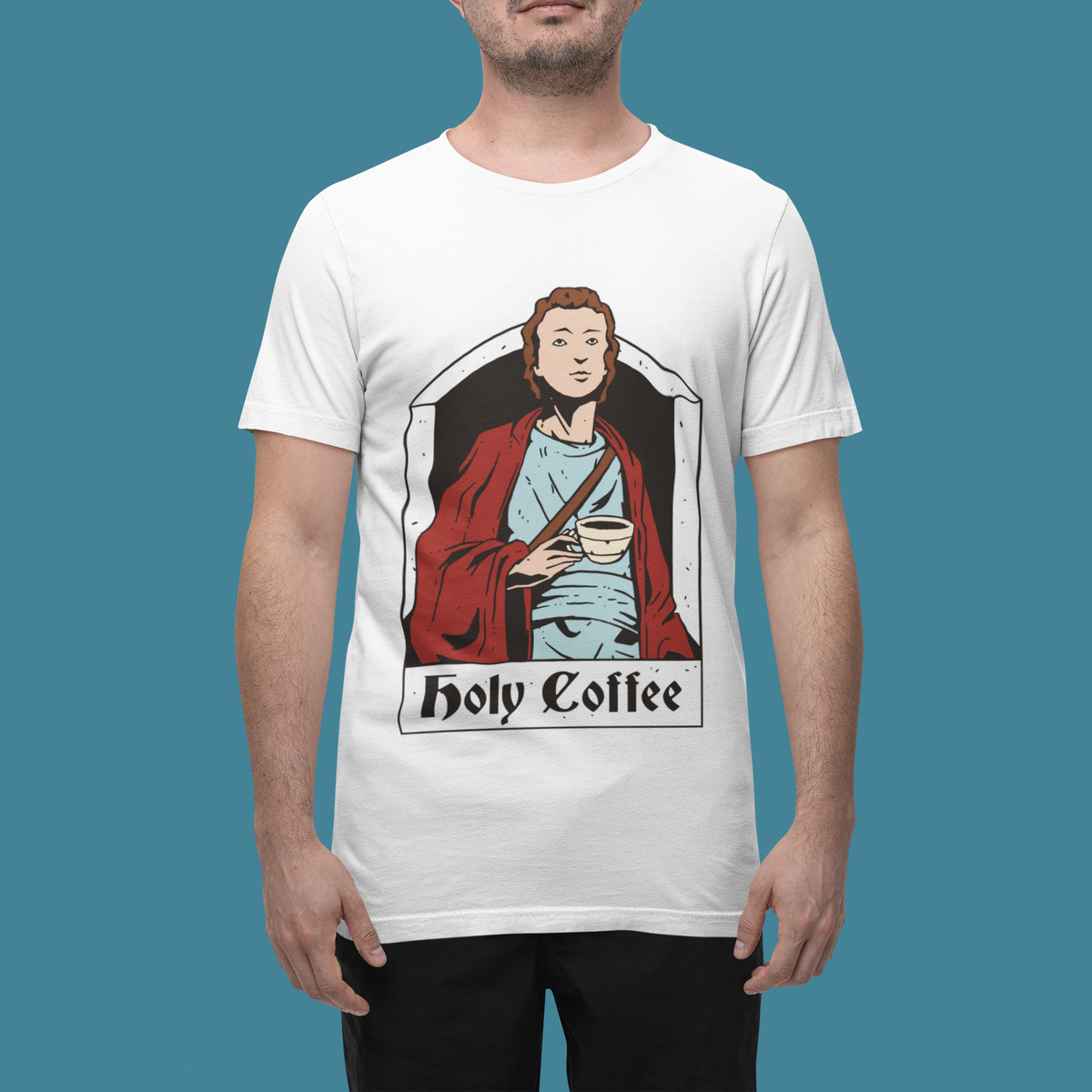'Holy Coffee' t-shirt in white, man wearing it on teal background