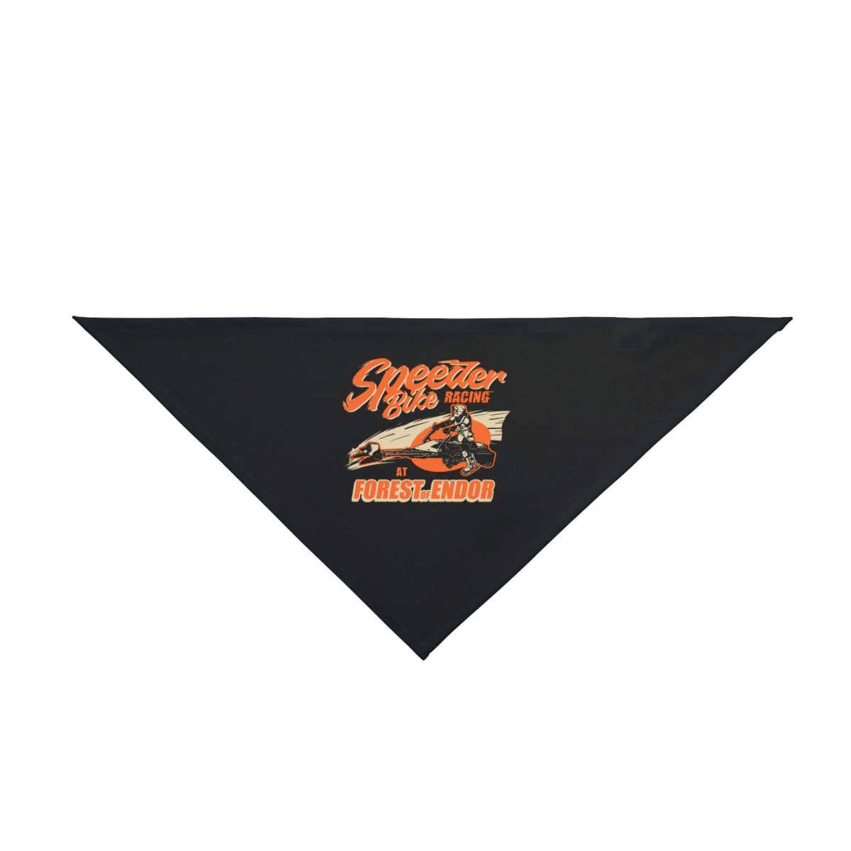 The Speeder Bike Racing - Pet Bandana is a black, triangular Star Wars accessory featuring a speeder bike and rider with "Speeder Bike Racing at Forest Endor" in orange and yellow—perfect for any fan's pet.
