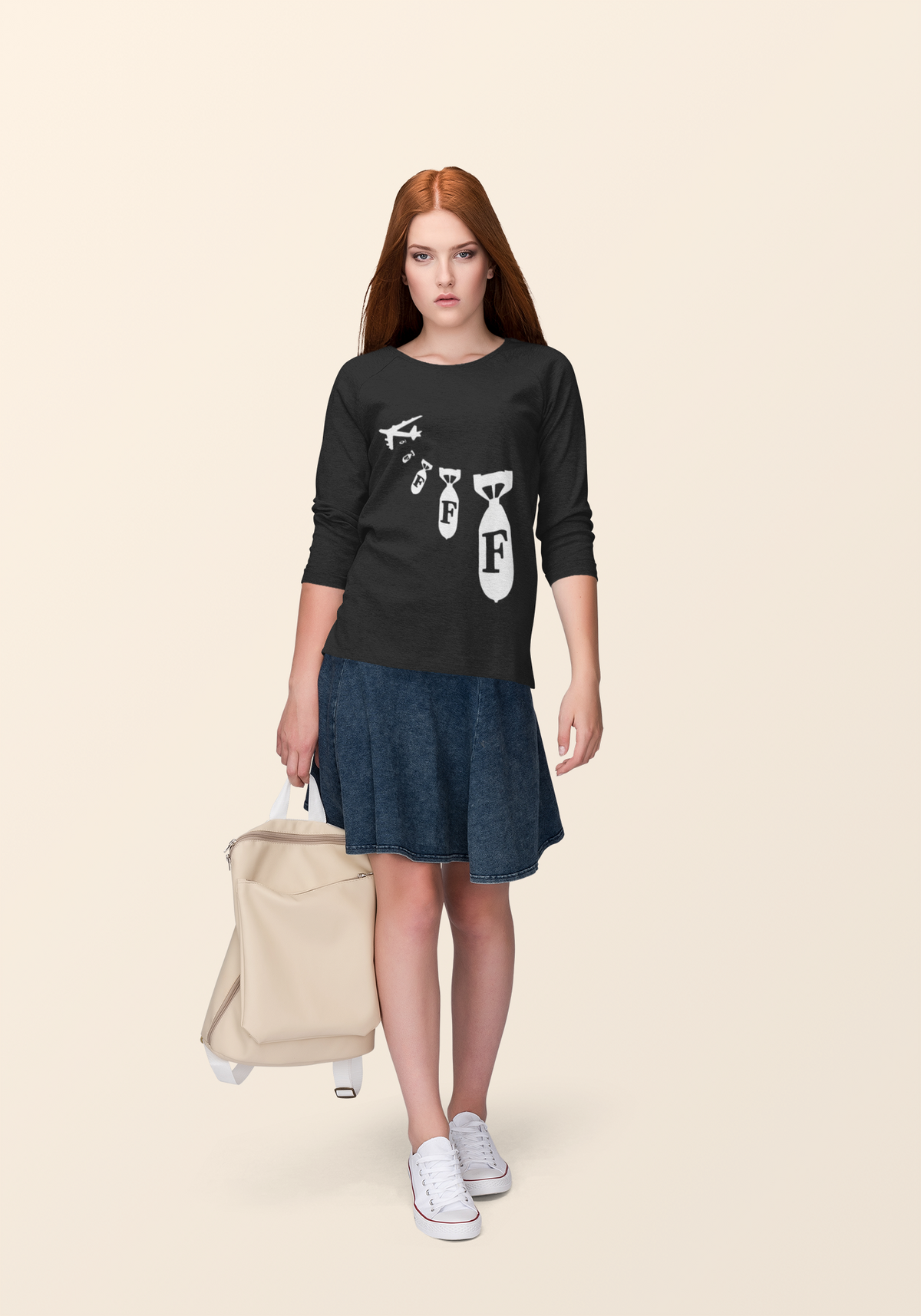 "F Bomb" sweatshirt in black, woman walking with a suitcase, funny sarcastic gift crewneck sweatshirt