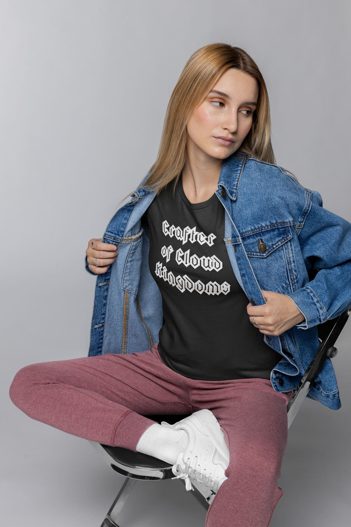 'Crafter of Cloud Kingdoms' organic tee in black, woman wearing it with a denim jacket, coder gift