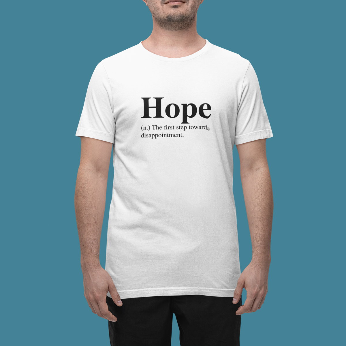 'Hope T-Shirt' in white, man in a studio, T-Shirt mockup, Geekpsters