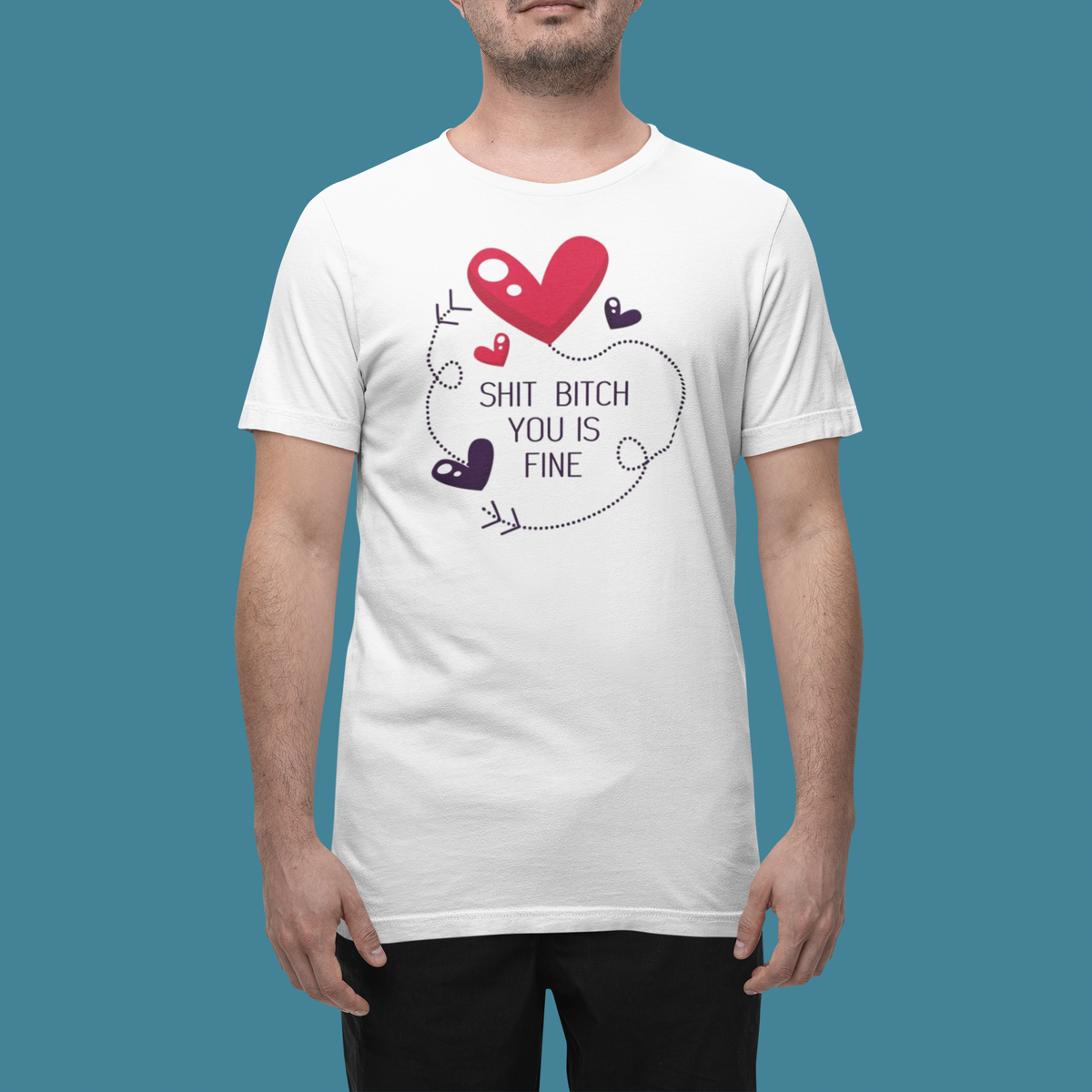 'You Is Fine' t-shirt in white, man wearing it in a studio, T-Shirt mockup, Geekpsters