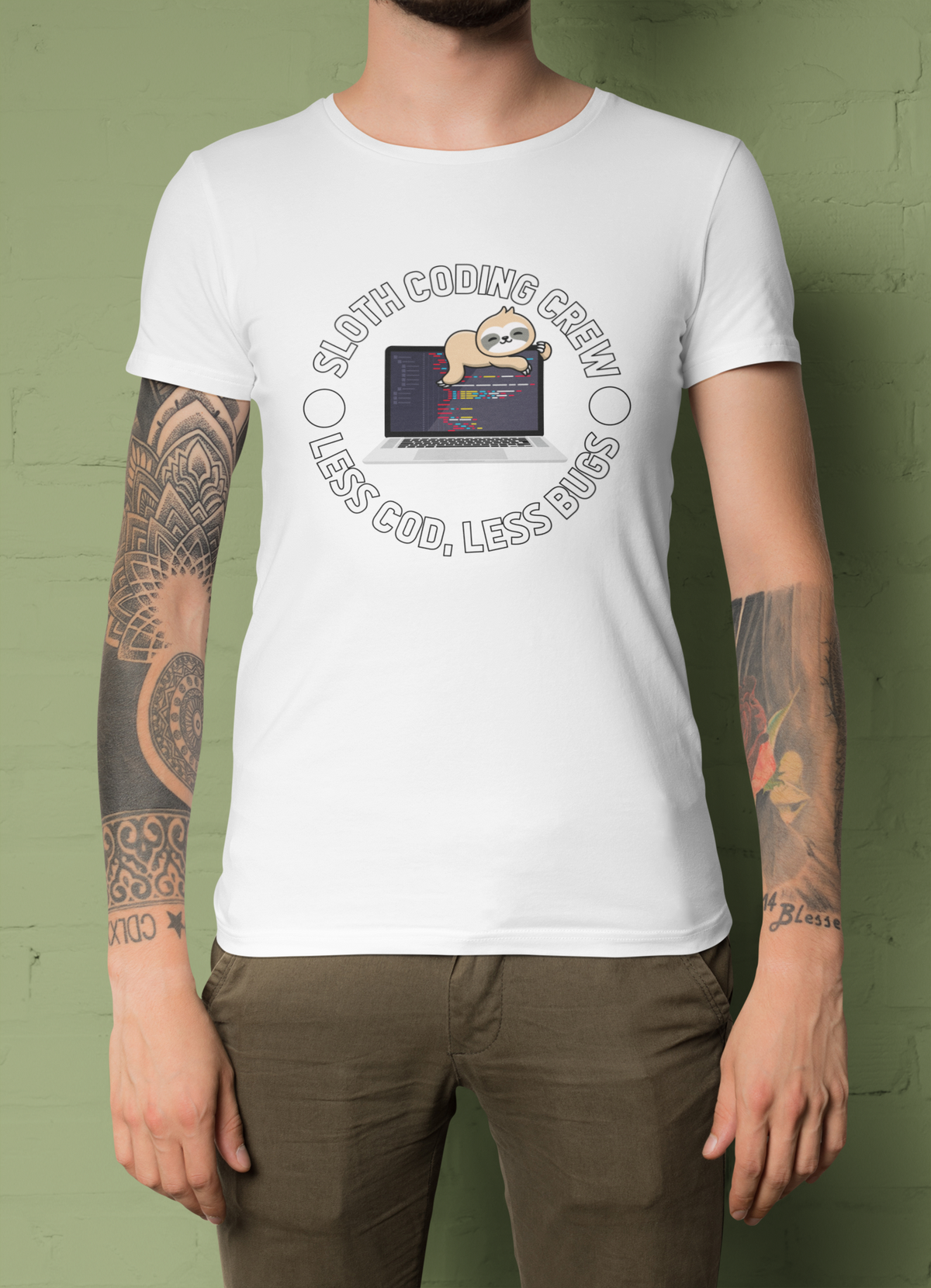 Model wearing Sloth Coding Crew t-shirt front view | Geekpsters