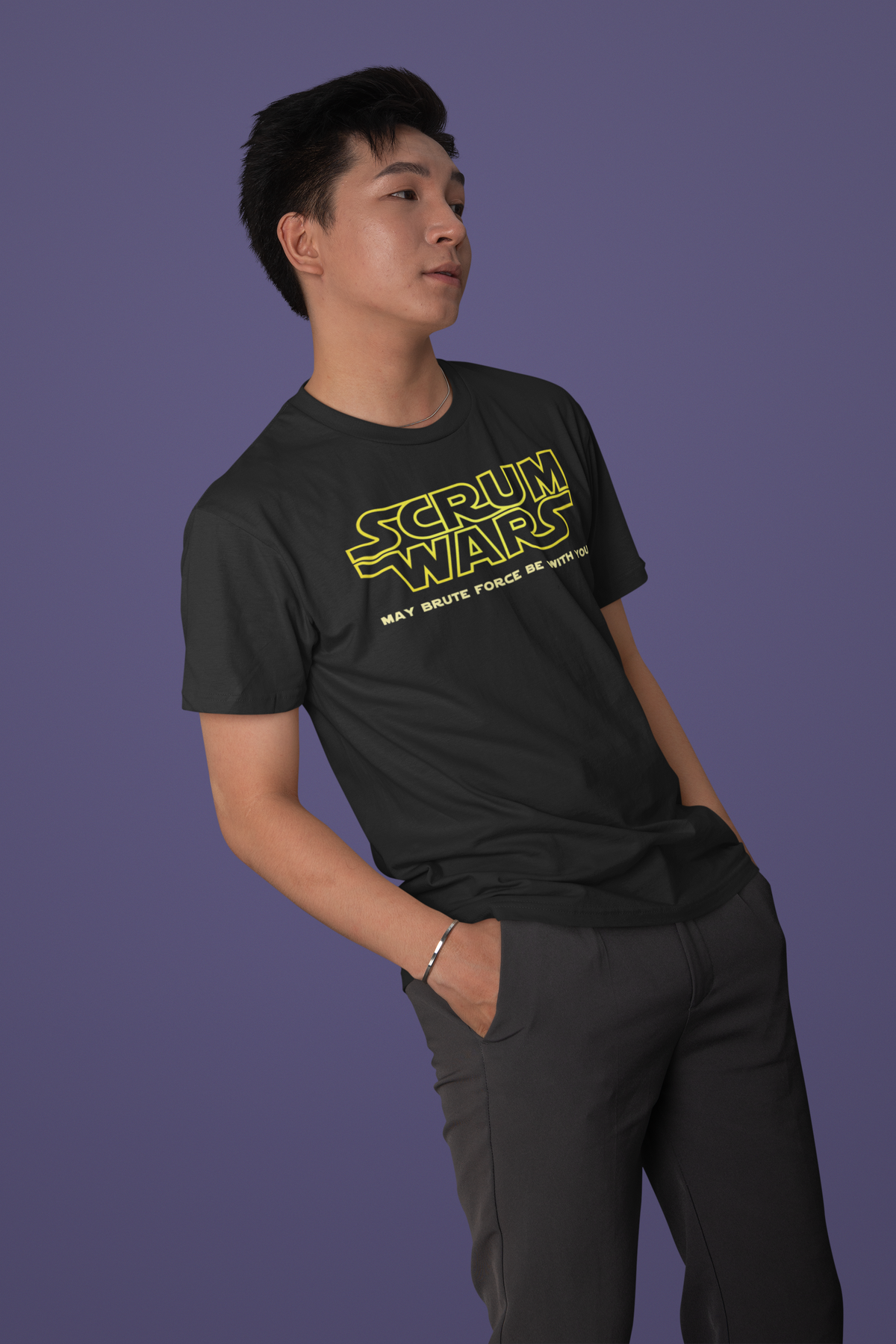 "Scrum Wars" t-shirt in black, man modeling it in a studio, funny gift for scrum masters