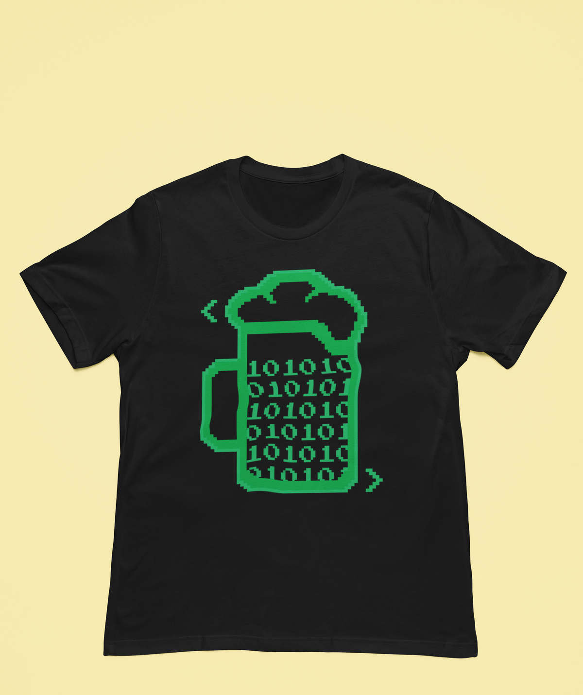 'This Is How I Love to Code' beer mug binary t-shirt in black, flat lay on a yellow background, funny geek gift