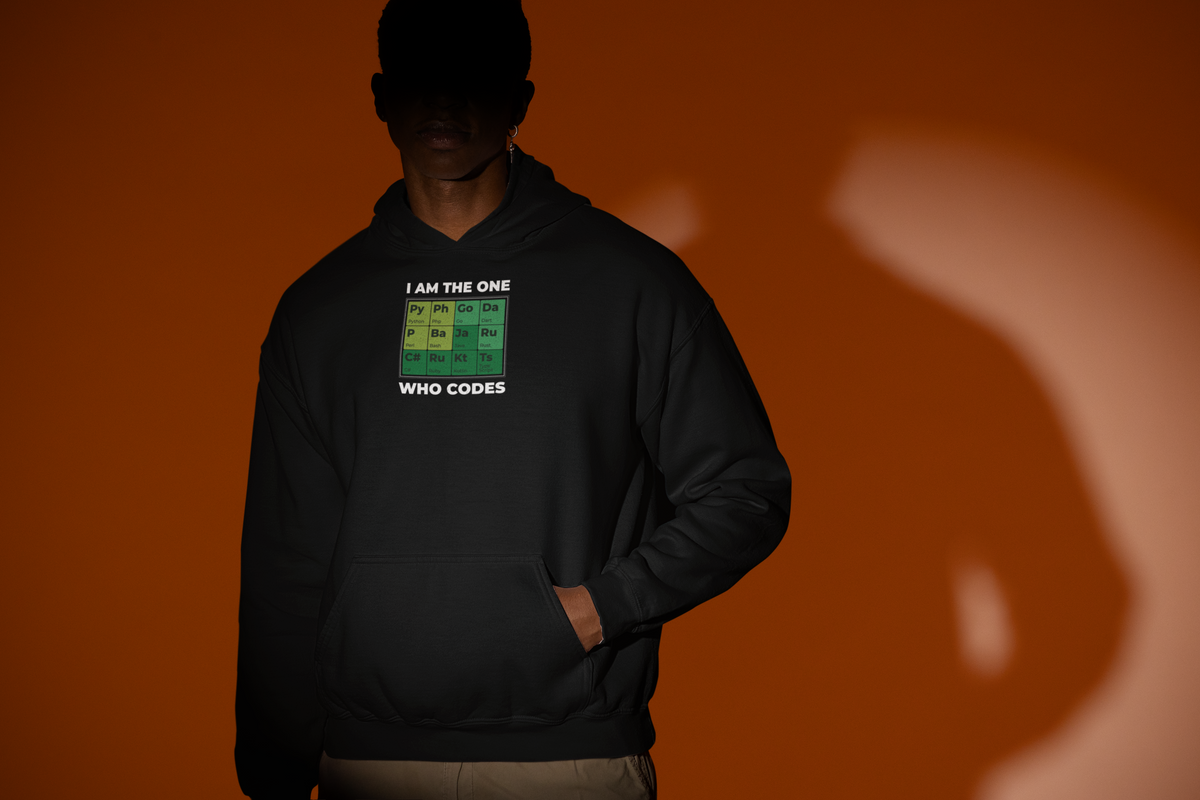 'Developer Periodic Table' in black, man under a spotlight, Hoodie mockup, Geekpsters