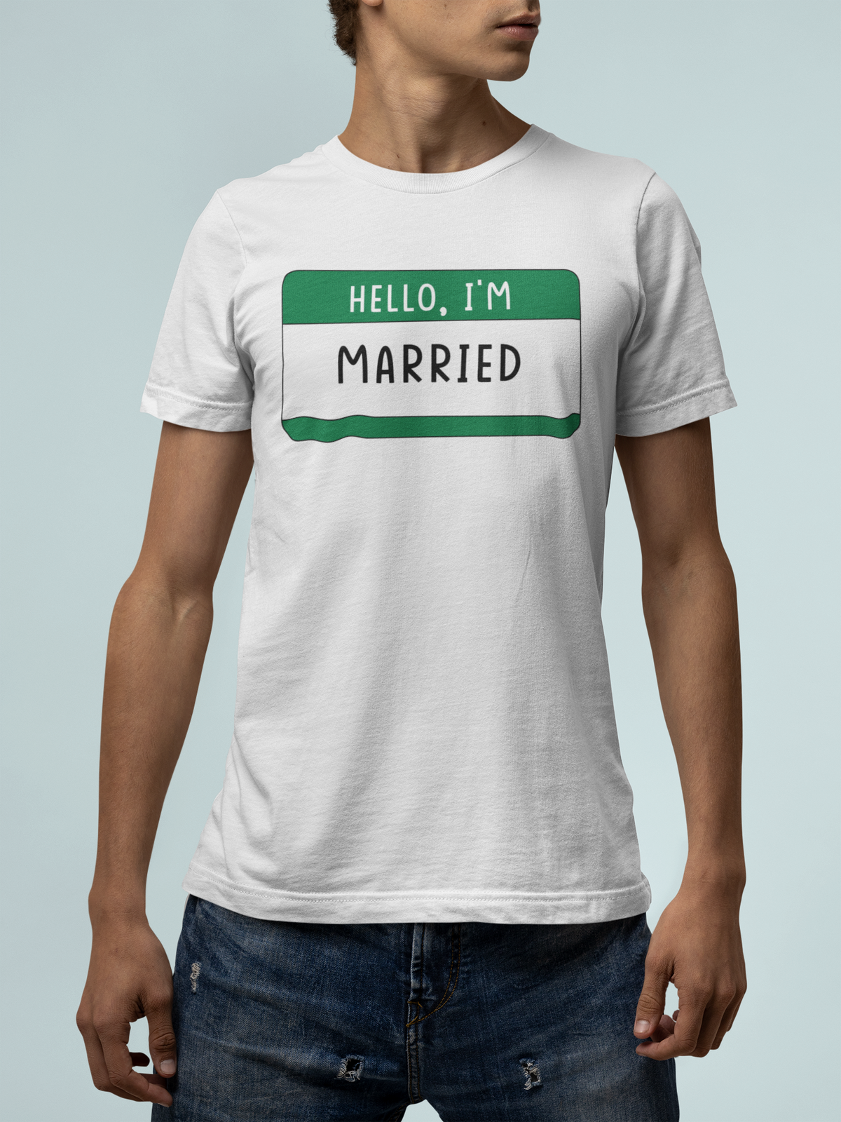 Model wearing Hello I'm Married t-shirt front view | Geekpsters