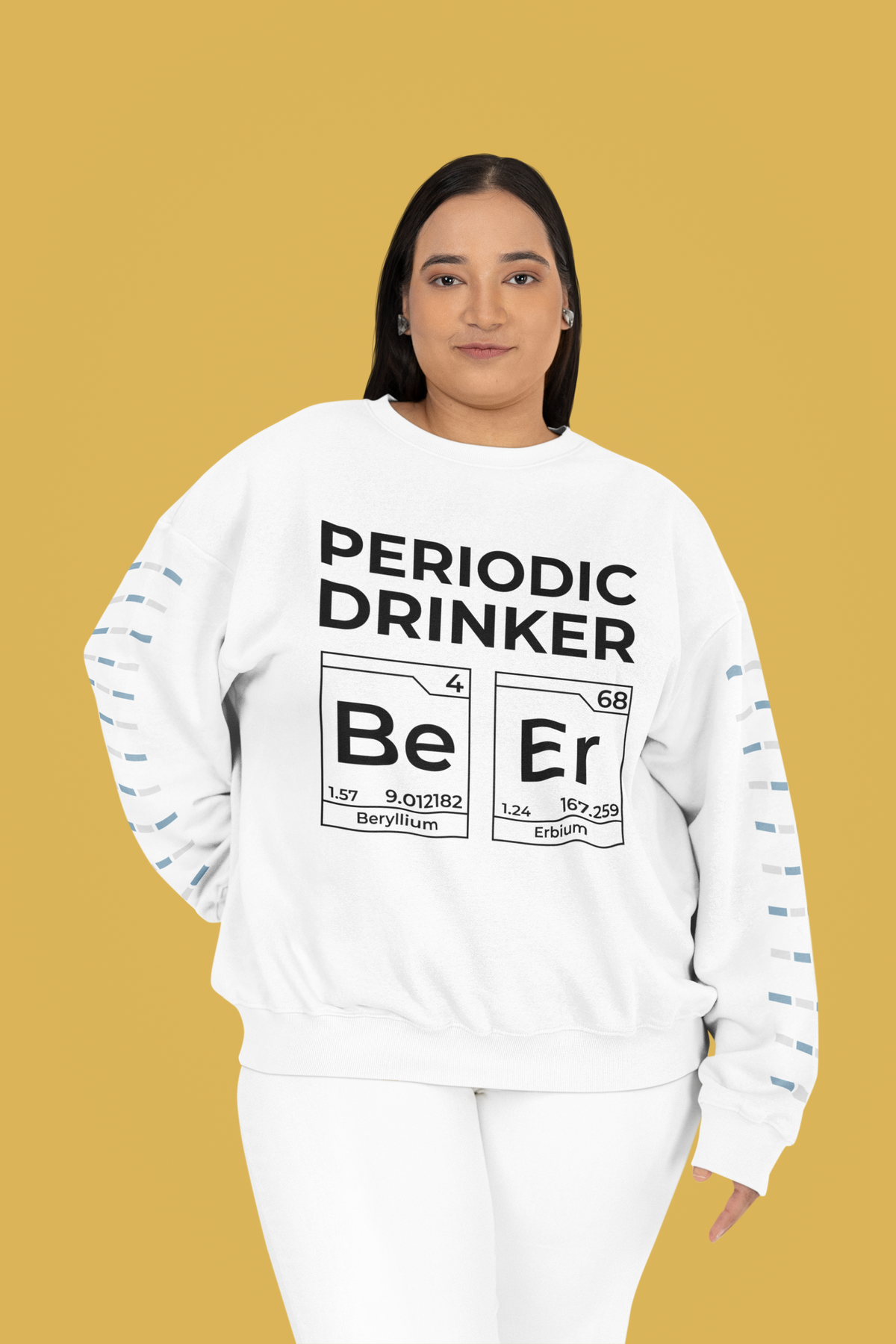 periodic table drinker element pun crewneck sweatshirt, model wearing it indoors