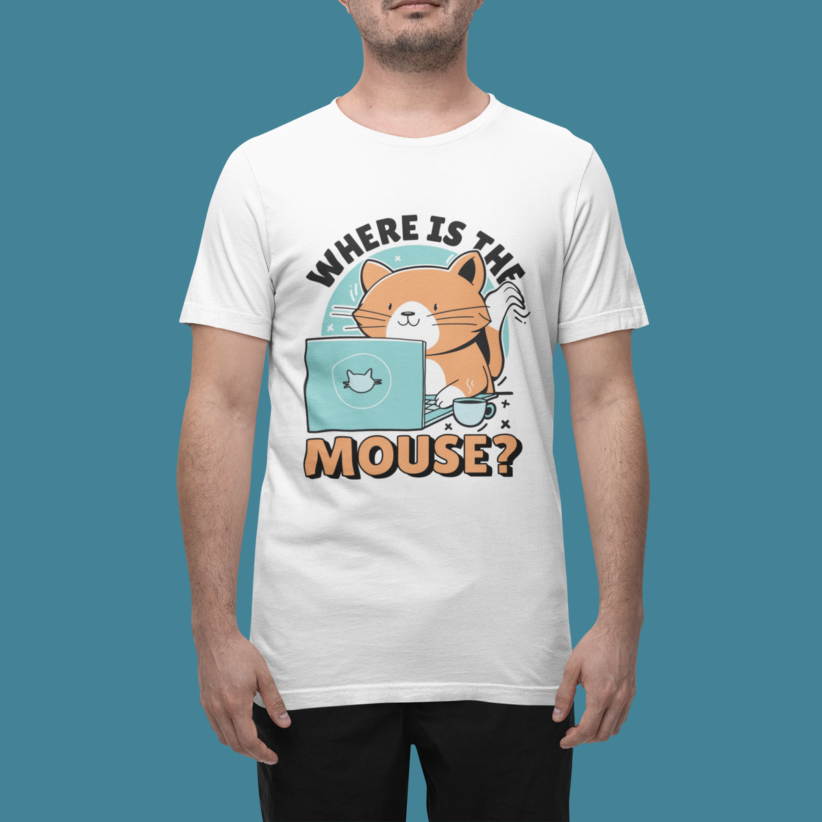 'Where Is the Mouse?' cat and laptop t-shirt in white, man model wearing it against a teal background, funny coder gift