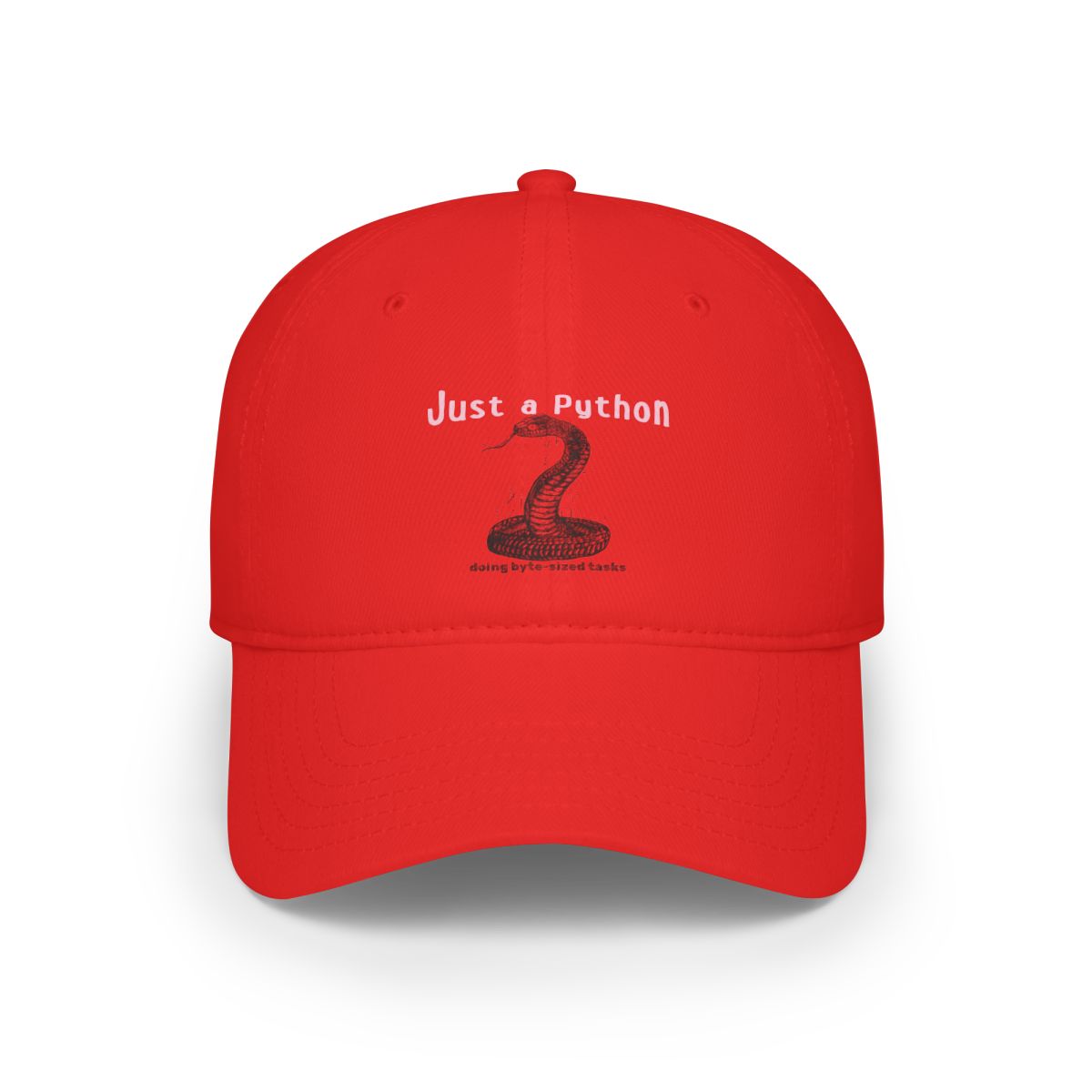 The "Just a Python - Hat" is a red baseball cap with a coiled snake graphic and the phrase "Just a Python"—a great pick for fans of geek fashion and nerdy style.