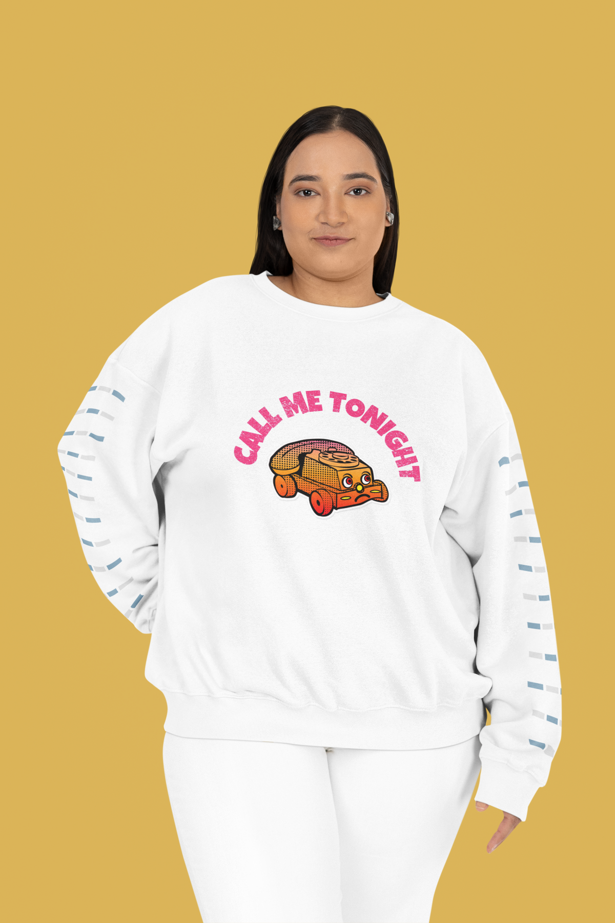 'Call Me Tonight' taco car graphic sweatshirt in white, woman wearing it on yellow backdrop, funny gift