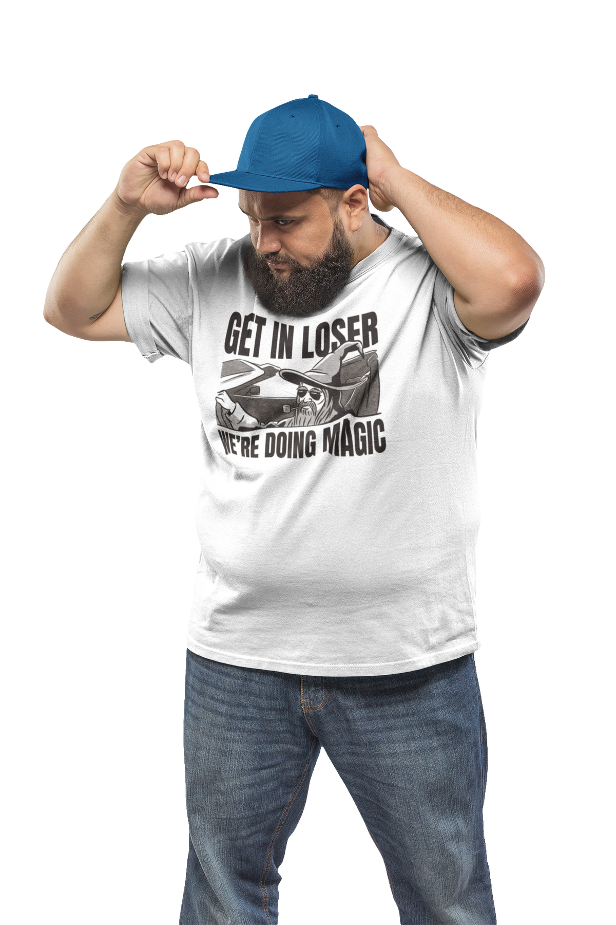 'Get In Loser, We're Doing Magic' t-shirt in white, man model wearing it with a blue cap