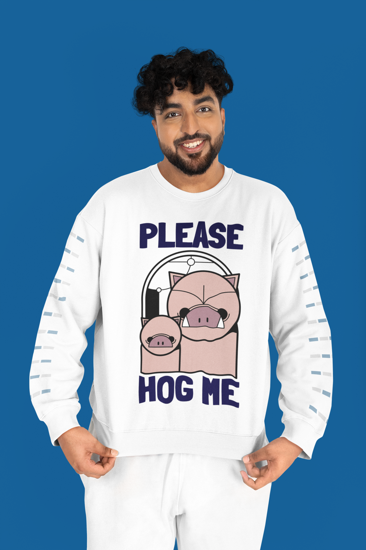 'Please Hog Me' pig graphic sweatshirt in white, man wearing it, blue backdrop, funny pig pun gift