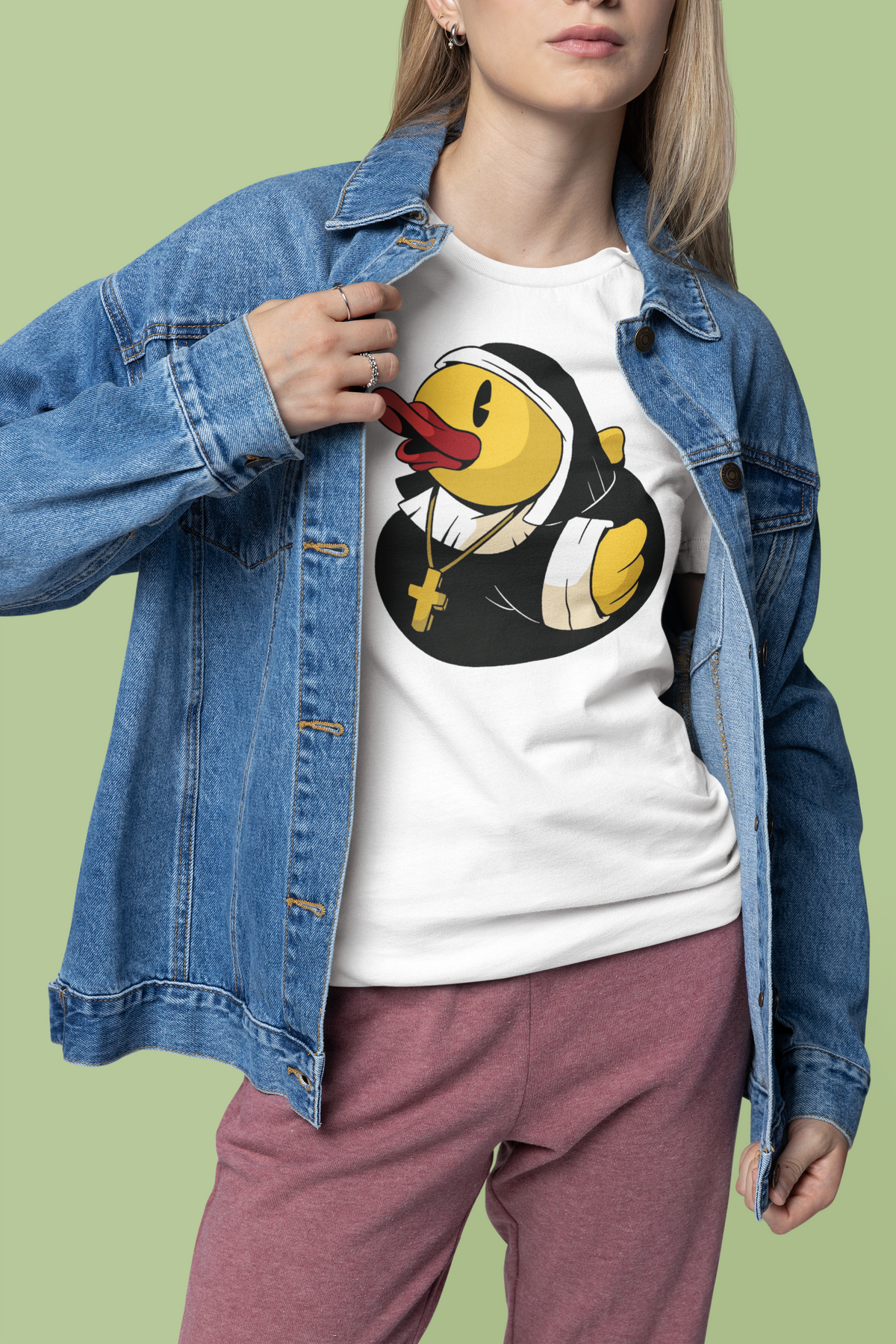 Nun duck t-shirt in white, woman wearing it under an open denim jacket, funny quirky nun gift