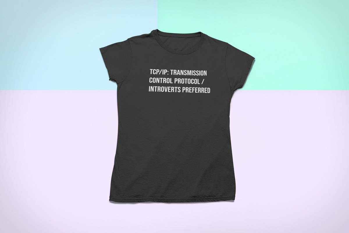 TCP/IP Transmission Control Protocol Introverts Preferred tee in black, flat lay front on pastel backdrop, network gift