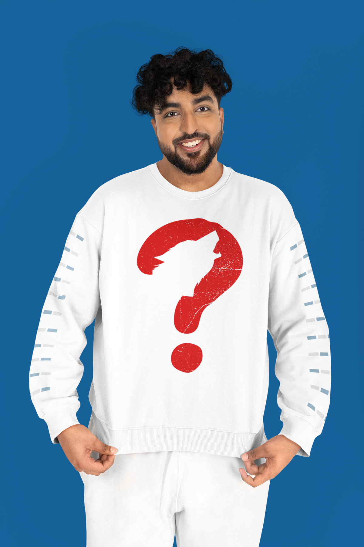 Wolf question mark sweatshirt in white, man wearing it, funny animal graphic sweatshirt