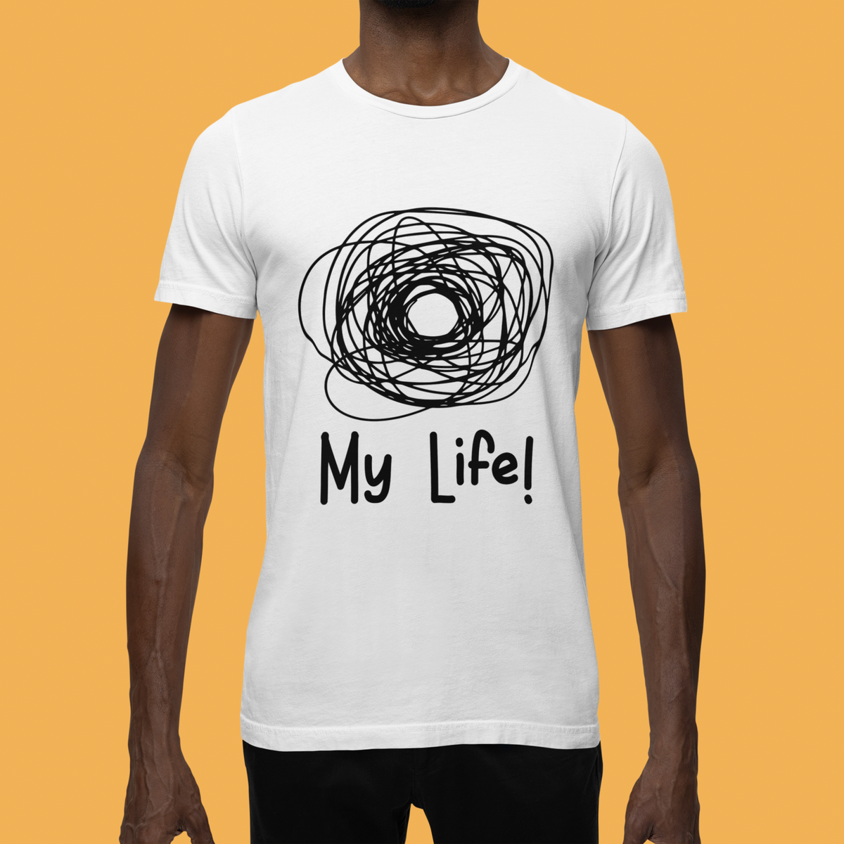 'My Life' scribble t-shirt in white, man wearing it on orange background, funny developer gift