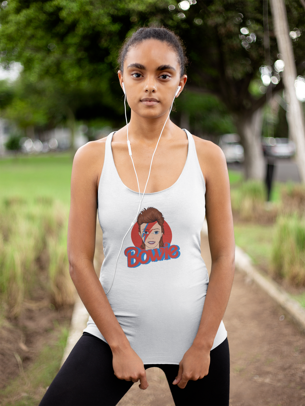 'Bowie Women's Tank' in white, woman in a park, Tank Top mockup, Geekpsters