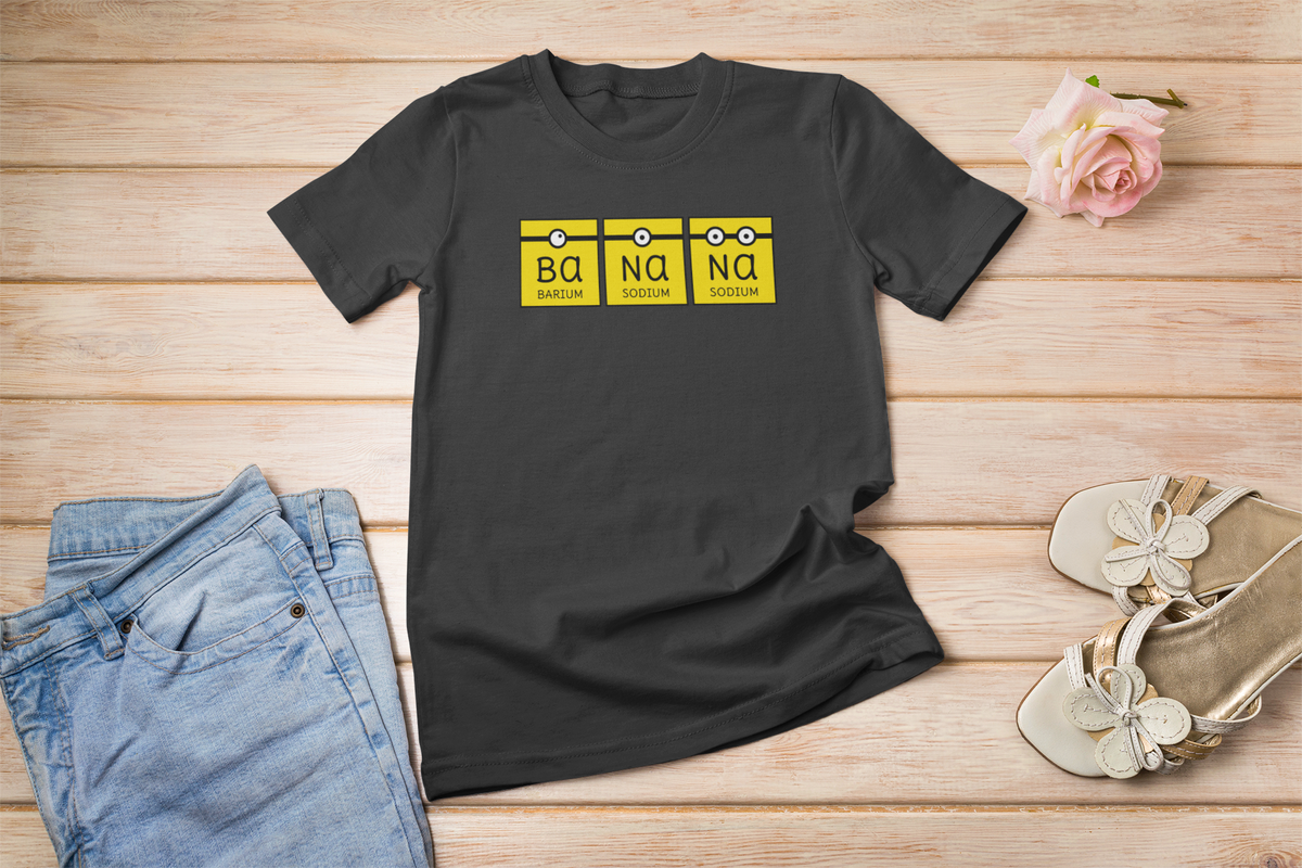 Ba-Na-Na periodic table banana element pun graphic tee, flat lay with the graphic centered