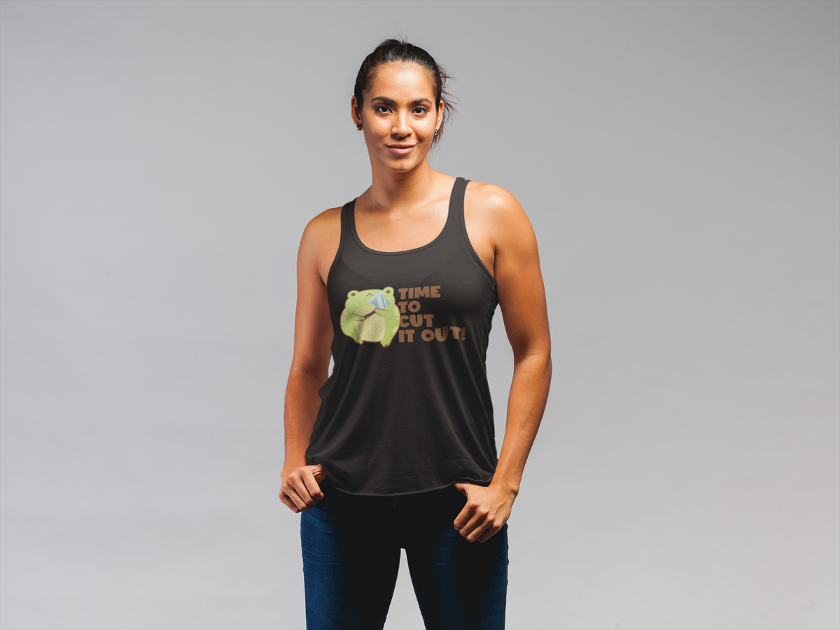 'Time to Cut It Out' frog tank top in charcoal, woman wearing it in studio, funny science pun gift