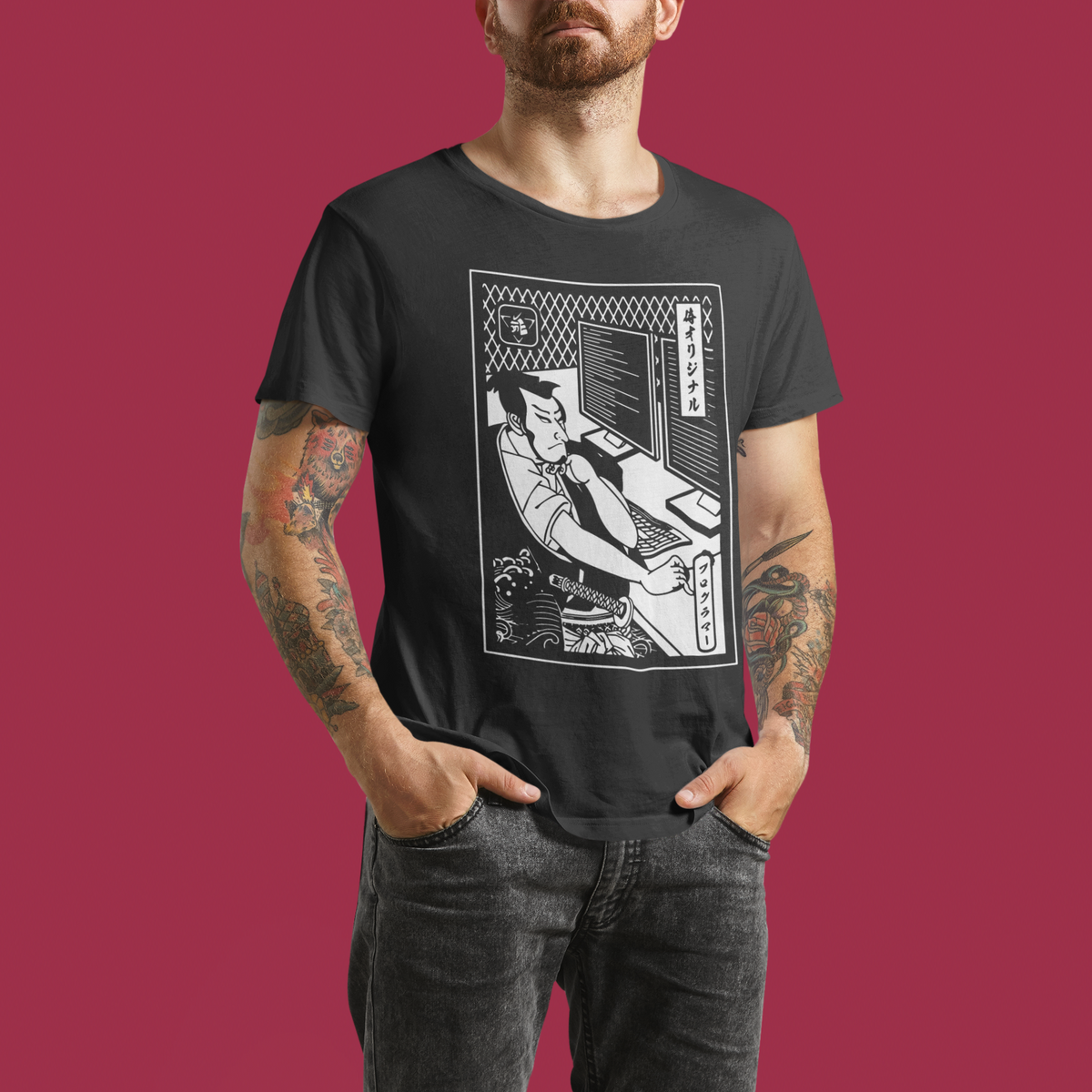 Coding Samurai t-shirt styled on hanger | Geekpsters