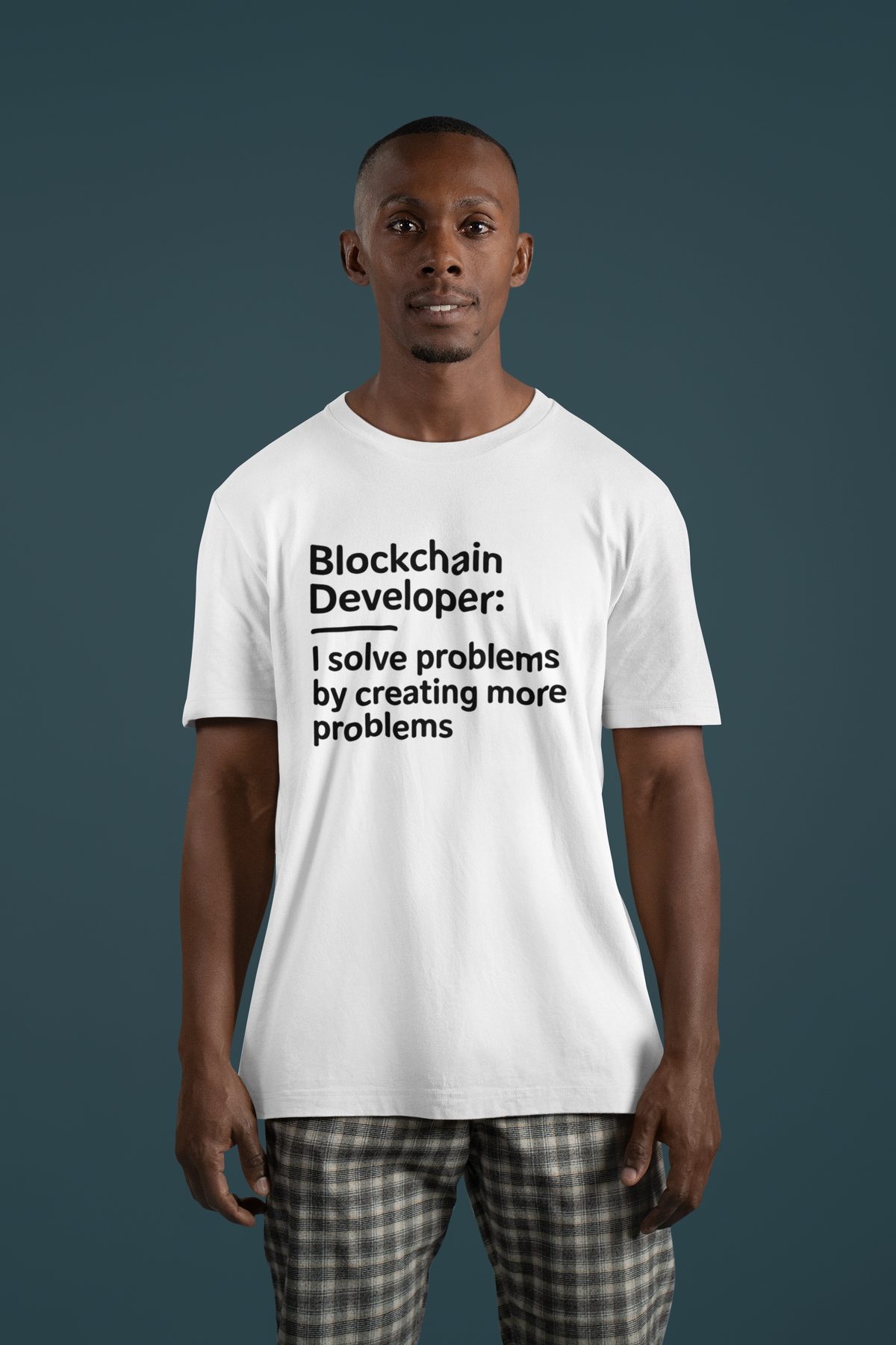 'Blockchain Developer' oversized tee in white, man wearing it on dark background, coder gift idea