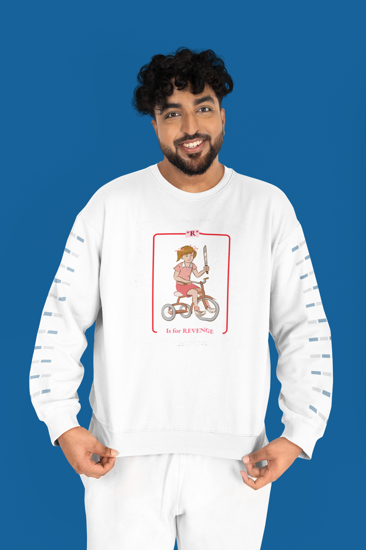 'R is for Revenge' tricycle girl graphic sweatshirt in white, man wearing it on blue backdrop, funny gift