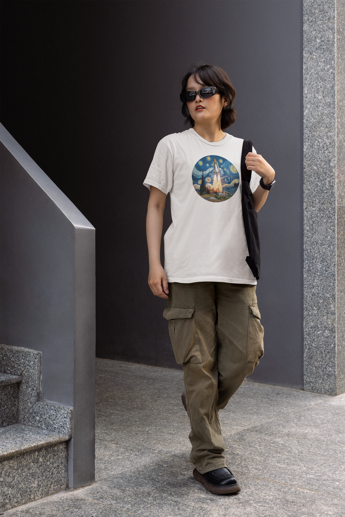 Van Gogh Spaceship Women's Tee in white, woman wearing it on stairs, starry night rocket print for space fans