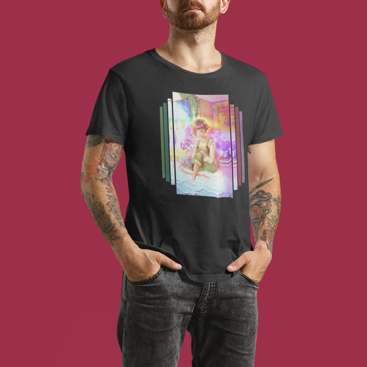 Room Pride T-shirt in black, man wearing it against a red backdrop, funny pride gift shirt
