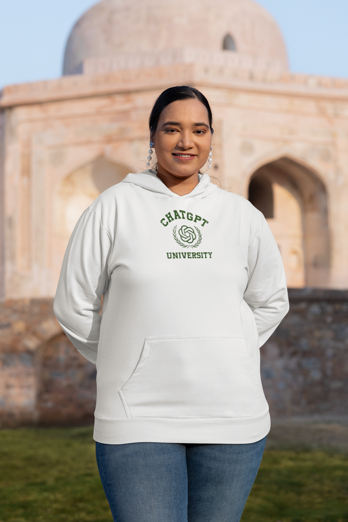 'Chat GPT University Hoodie' in white, woman at a historic monument, Hoodie mockup, Geekpsters