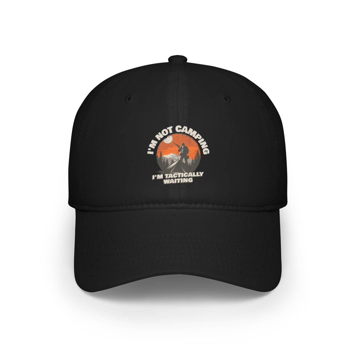 The "I'm Not Camping - Hat" is a black baseball cap with a graphic of a prone shooter and the text "I'M NOT CAMPING, I'M TACTICALLY WAITING"—ideal for fans of geeky or nerdy apparel.