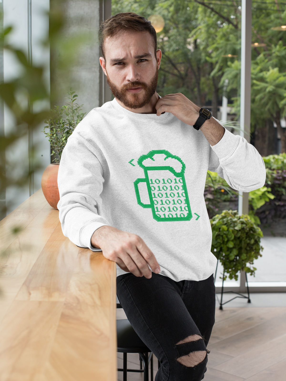 Beer Code binary mug sweatshirt in white, bearded man wearing it in the city, funny gift for coders
