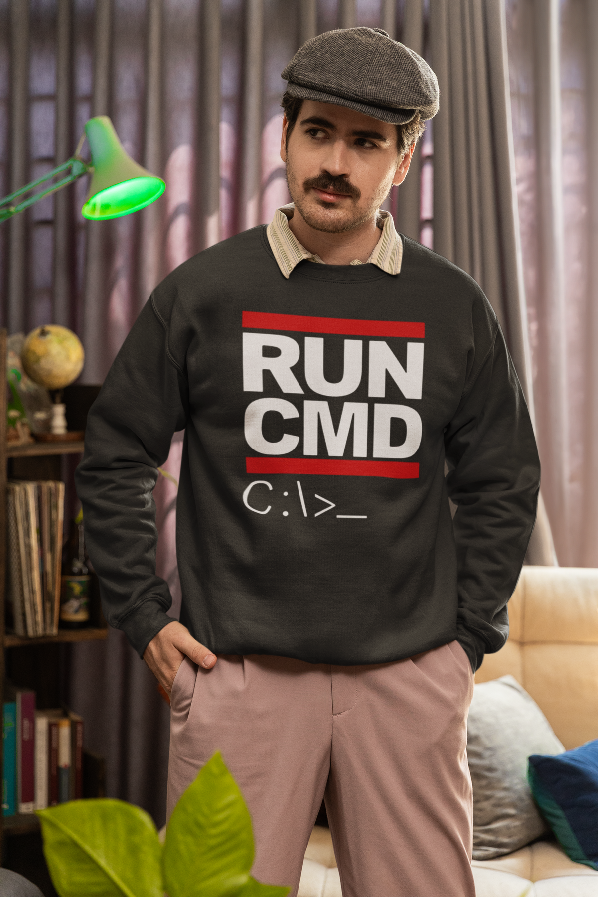 RUN CMD sweatshirt in black, man wearing it in a cozy living room, funny gift for programmers