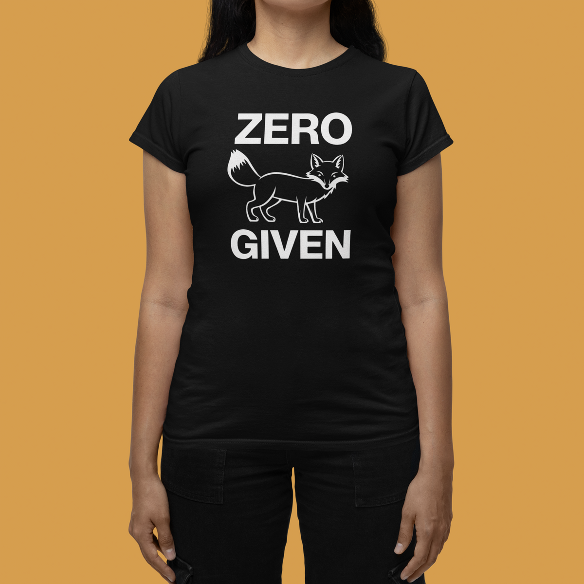 "Zero Fox Given" women's tee in black, woman modeling it, funny sarcastic gift shirt