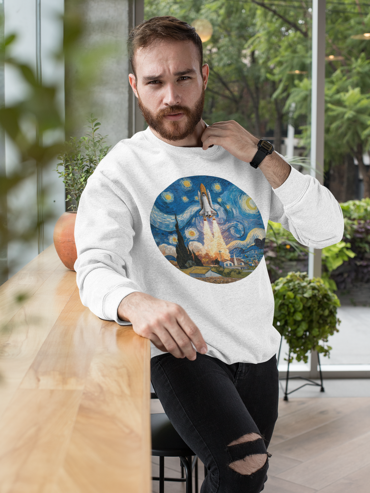 Van Gogh Spaceship Sweatshirt in white, bearded man wearing it outdoors, starry night rocket gift for space fans