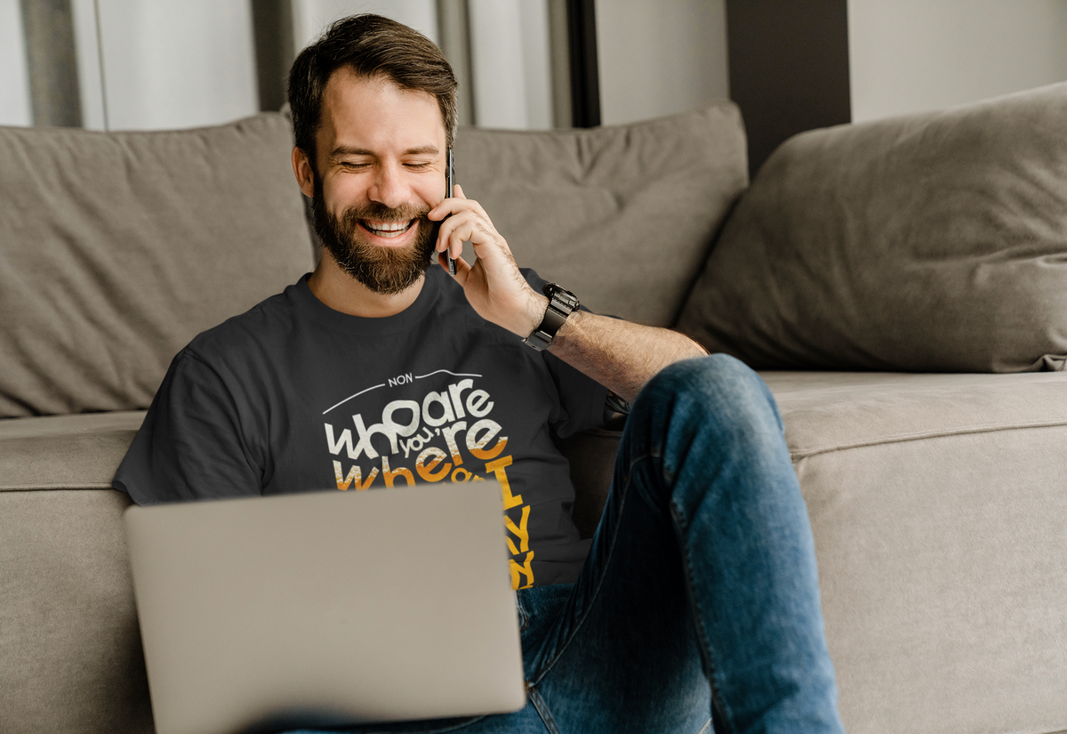 Beer Word Art T-shirt in black, man wearing it on a sofa with a laptop, funny beer lover gift