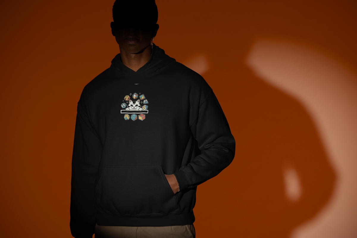 'Cat Dice' in black, man under a spotlight, Hoodie mockup, Geekpsters
