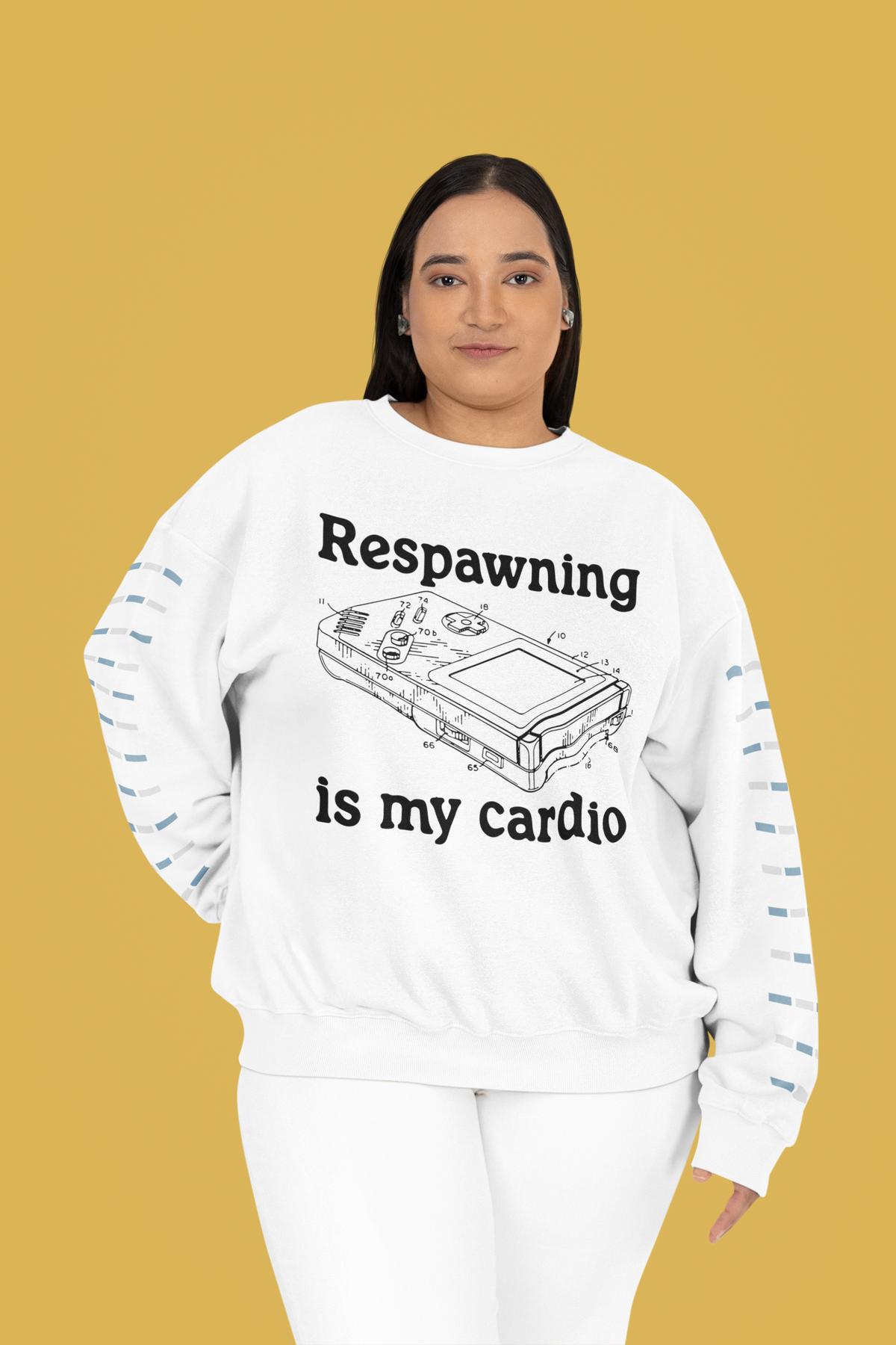 'Respawning is My Cardio' sweatshirt in white, woman wearing it outdoors, funny gamer gift idea